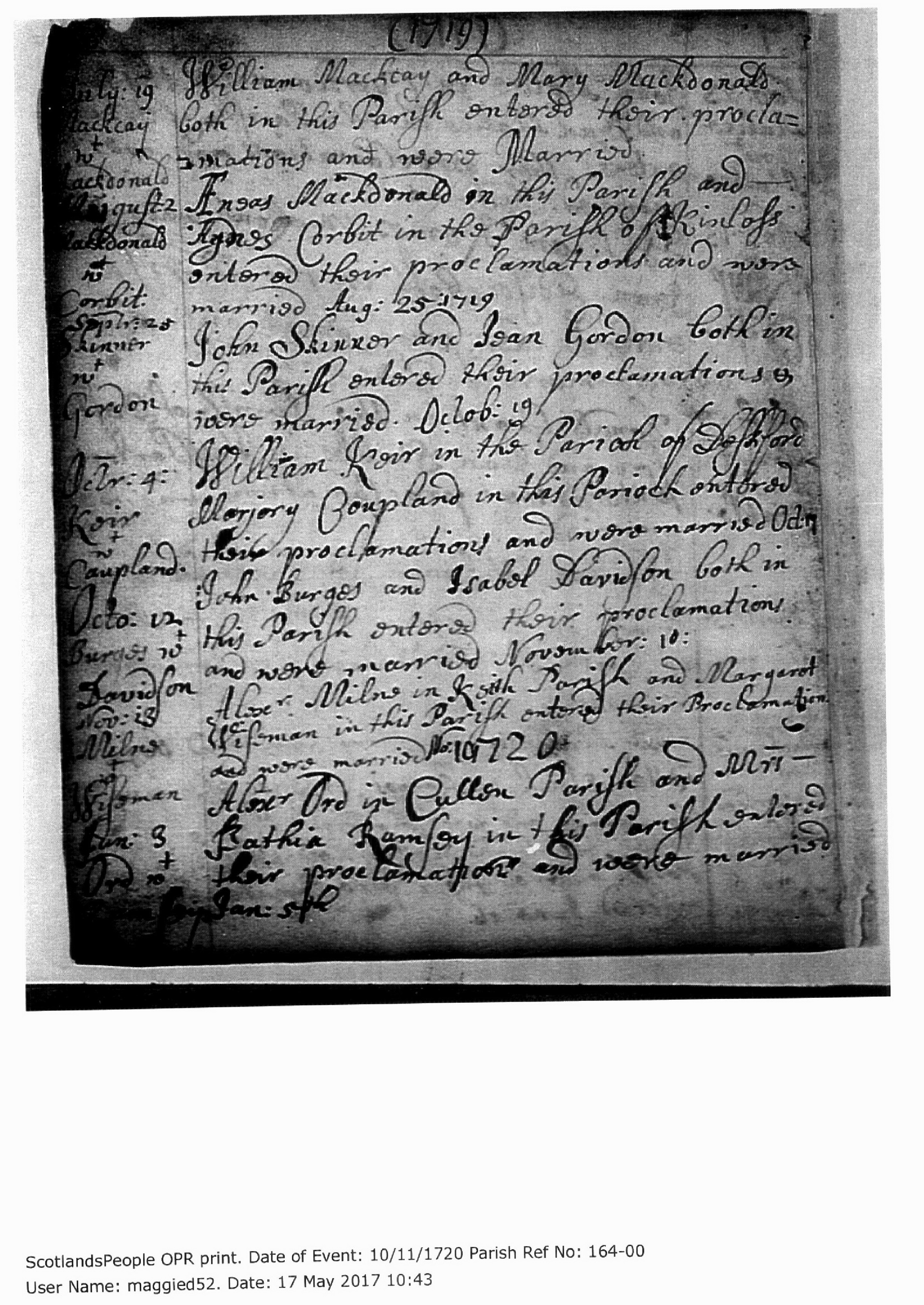 Margaret Wiseman & Alexander Milne marriage 1720, Linked To: <a href='i3302.html' >Alexander Milne 🧬</a>